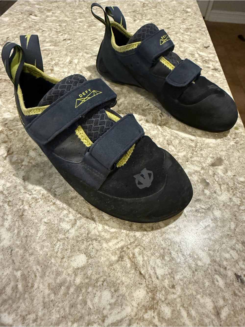 EVOLV Navy Blue Rock Climbing Shoes w/ Yellow Accents & Double Strap Velcro